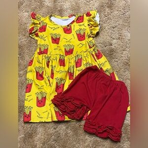 Playful Yellow French Fry Dress with Red Shorts